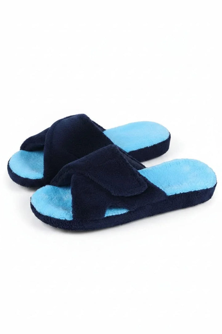 Women's adjustable open-toe comfort slippers on a foot, demonstrating the perfect cozy fit for home relaxation.