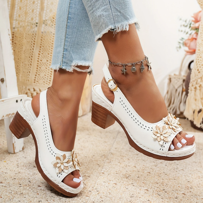 Women's adjustable strap sandals on foot, showcasing comfortable & secure summer footwear.