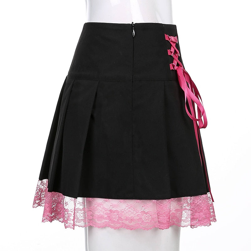 Delicate lace mini skirt, aesthetic women's fashion. Elegant and stylish party wear.
