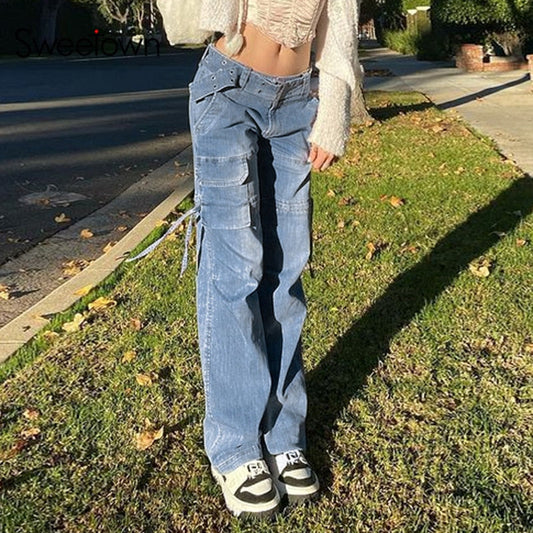 Women's aesthetic loose fit denim jeans with unique sash details. Trendy, comfortable casual wear.