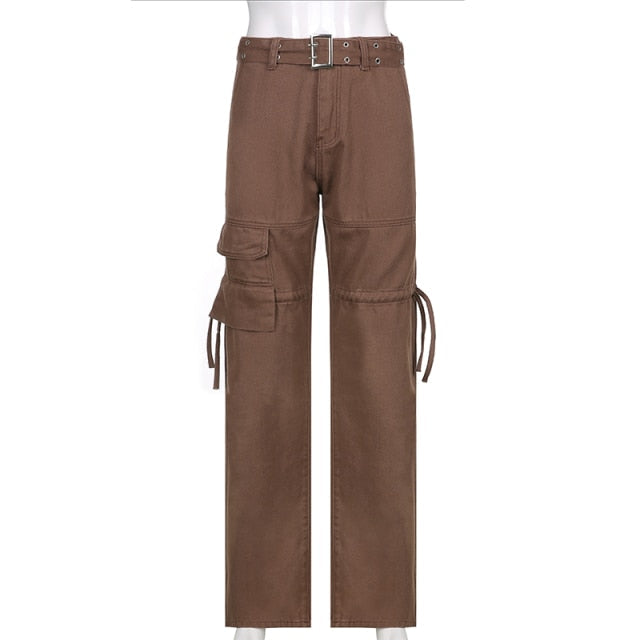 Trendy women's relaxed fit denim jeans with aesthetic sashes. Comfortable loose jeans for casual fashion.