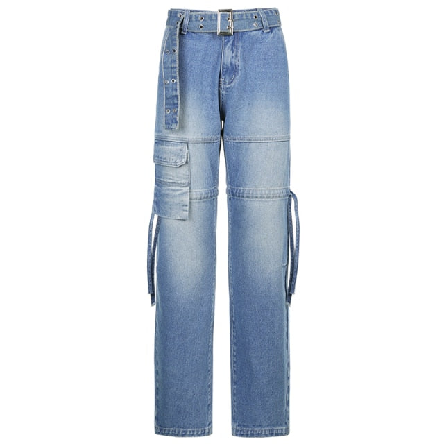 Women's trendy loose fit aesthetic sashes jeans. Unique denim design for a casual, comfortable look.