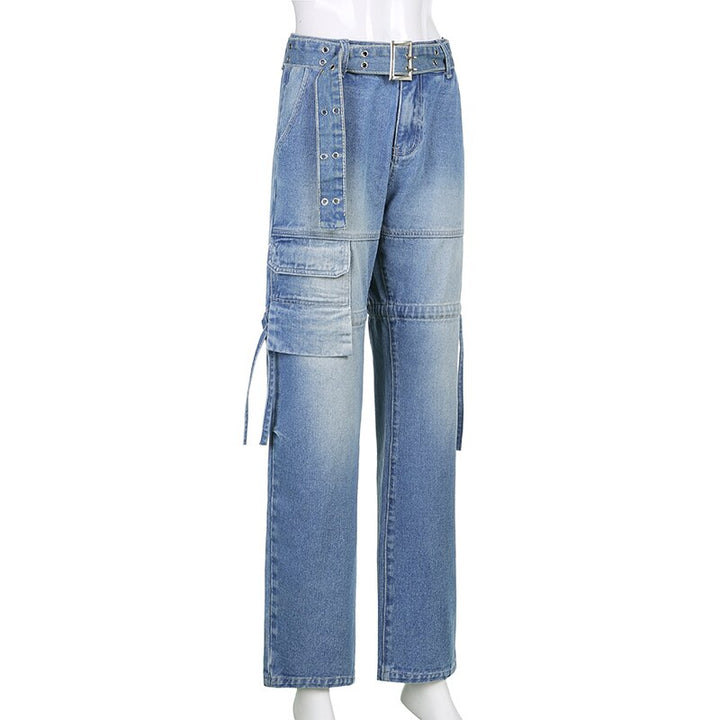 Casual women's loose fit aesthetic sashes jeans. Trendy denim bottoms, perfect for a relaxed yet stylish look.