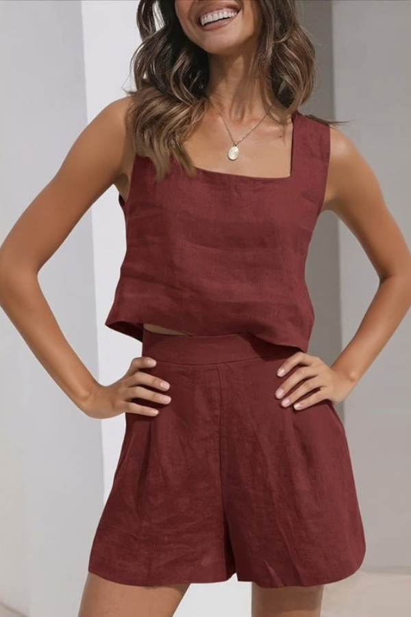 Trendy women's coordinated shorts and top set for summer. Enjoy effortless style and comfort on your next vacation.