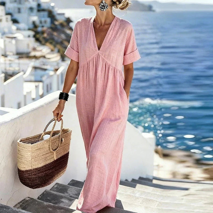 Versatile Alisssa women's bohemian maxi dress, v-neck, short sleeves, pockets. Great for casual summer or vacation.
