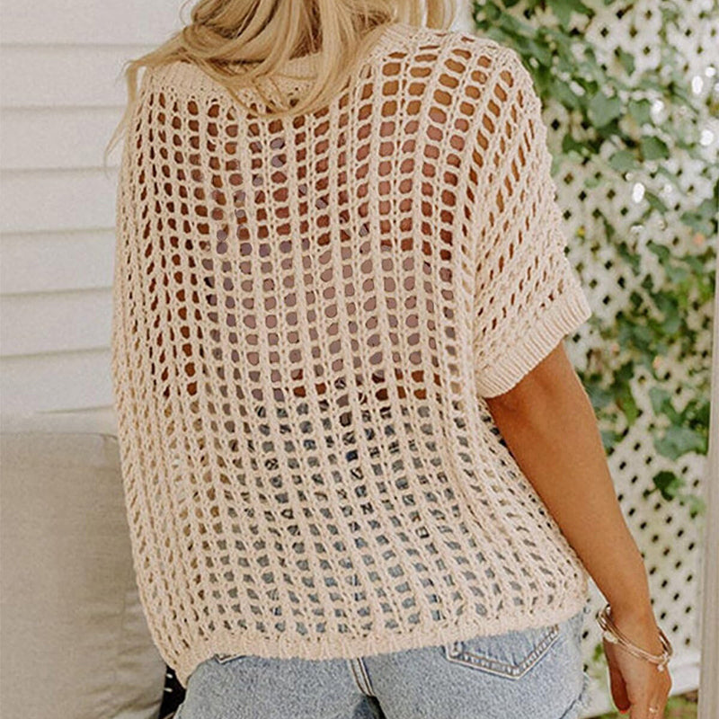 Stylish women's fishnet short sleeve tee. Perfect knit top for casual wear, date night, or beach coverup.