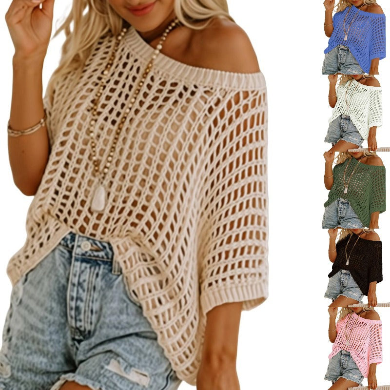 Women's alluring short sleeve fishnet top. A comfortable knit tee for versatile layering and summer fashion.