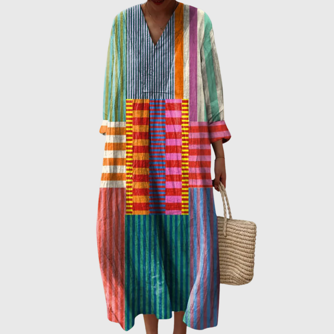 Women's Althea bold multicolor stripe patchwork long sleeve v-neck dress, perfect for casual elegance.