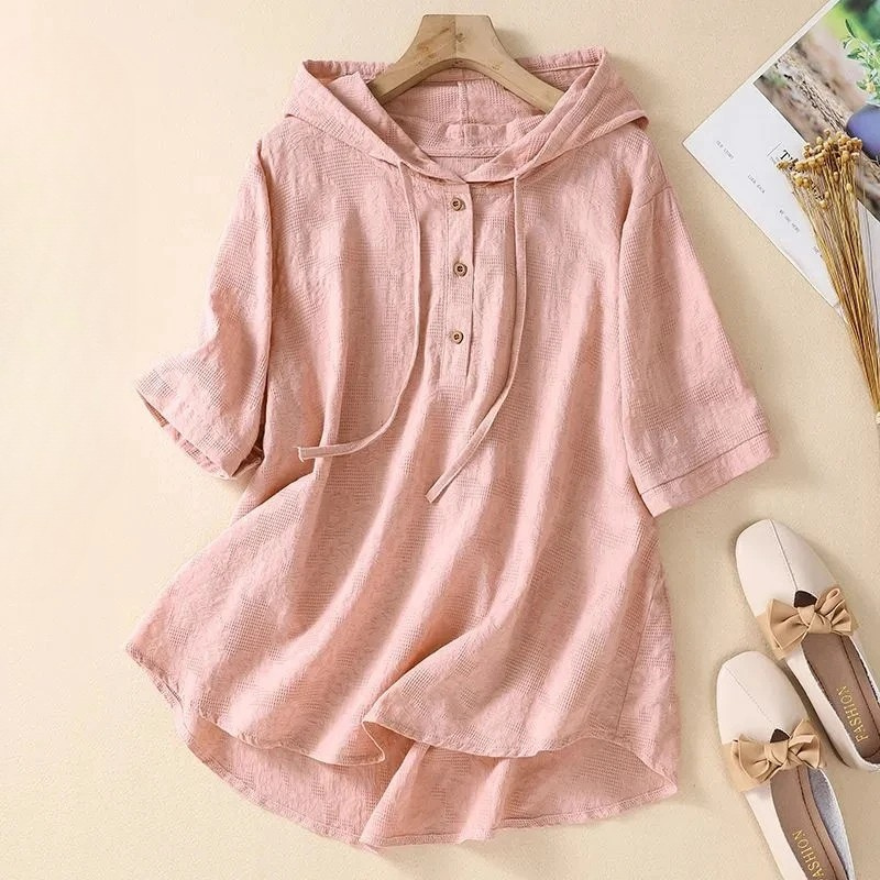 Pink Amélise hooded blouse, lightweight & relaxed, perfect for summer casual wear.