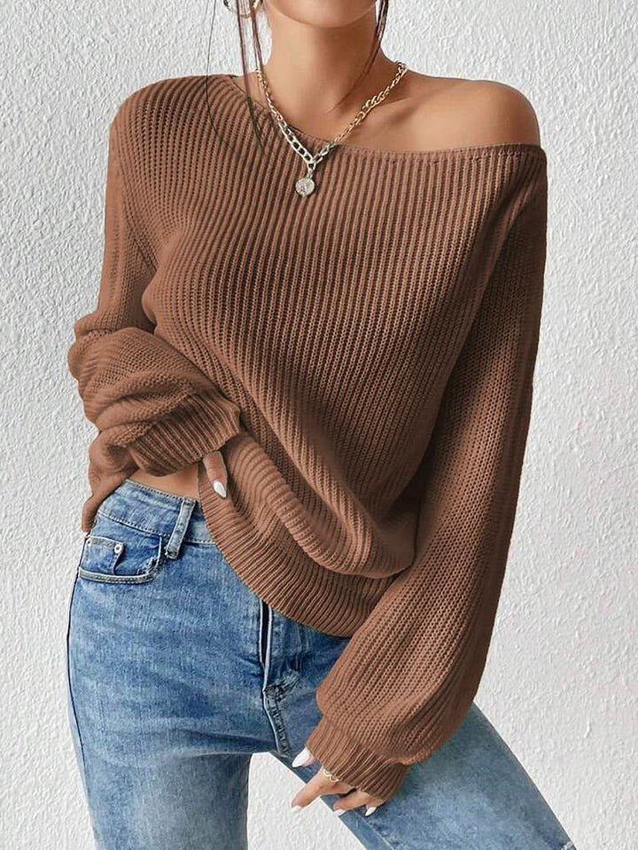 Women's Amalfi ribbed off-shoulder knit top, elegant long sleeve sweater for casual chic fashion.