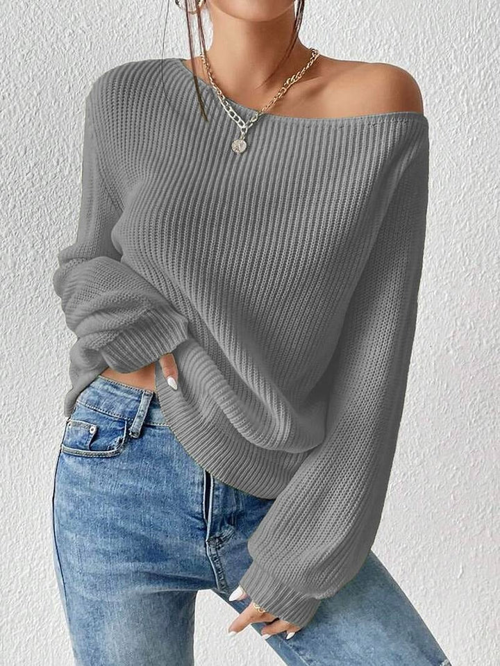 Elegant white off-shoulder knit top, women's ribbed long sleeve sweater. Casual chic fashion apparel.