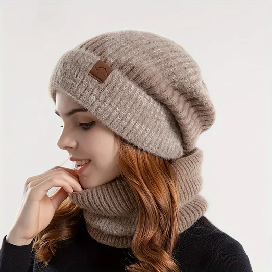 Women's Amara warm beanie and matching scarf set, ideal for stylish winter warmth and cozy cold weather accessory.