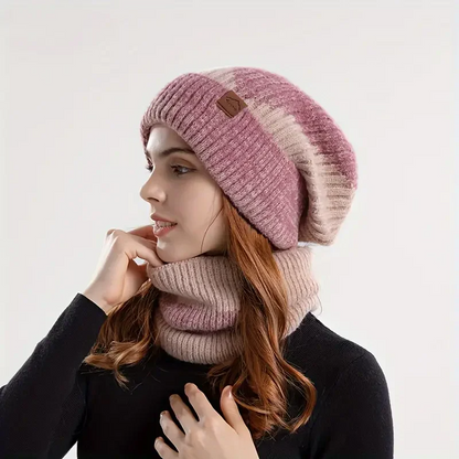 Neatly folded Amara women's warm beanie and scarf set, a cozy and stylish winter gift. Ideal cold weather accessory.