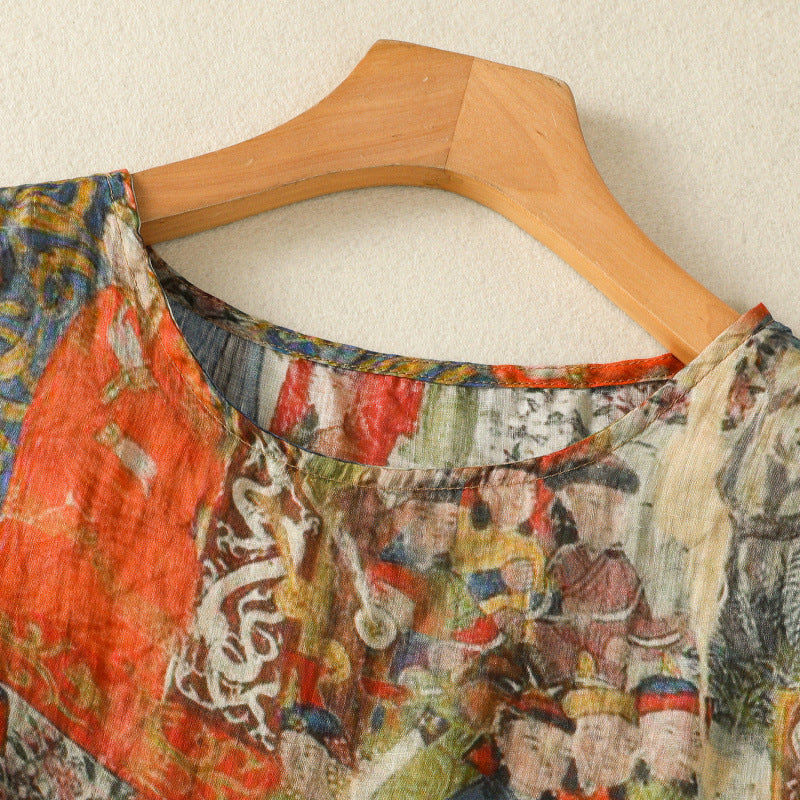 Model wearing Women's Amber Artistic Design Top. Relaxed fit, elegant, and comfortable for a unique summer look.