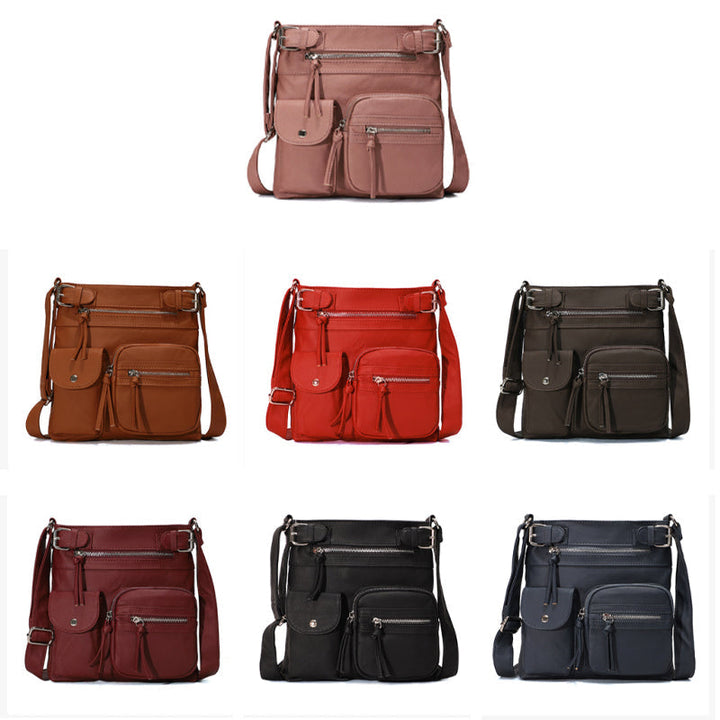 Close-up of the durable fabric and secure zipper on a women's anti-theft crossbody bag.