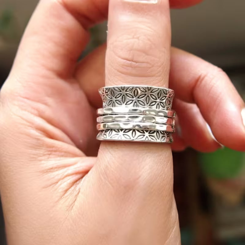 Women's antique style flora ring, gilded finish, artisan textured metal. Unique and tarnish resistant jewelry.
