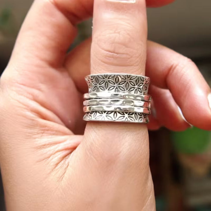 Women's antique style flora ring, gilded finish, artisan textured metal. Unique and tarnish resistant jewelry.