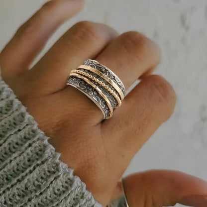 Gilded Flora women's ring, antique style, textured artisan metal. Tarnish resistant, unique vintage jewelry.