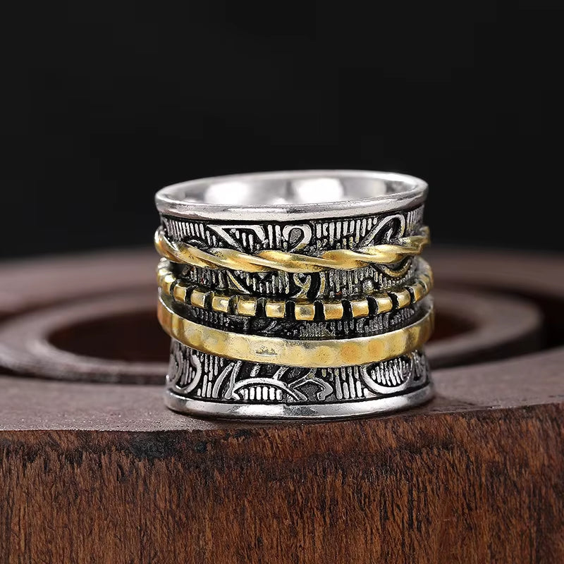 Unique Women's antique flora ring, gilded finish, intricate artisan metalwork. Vintage style statement jewelry.