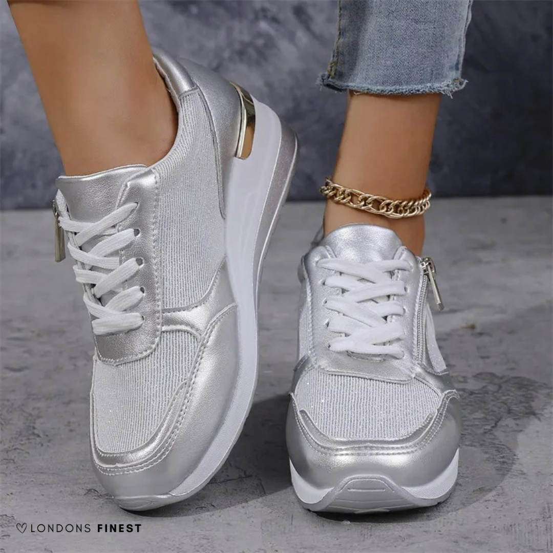 Gold women's arch support sneakers, cushioned & lightweight, offering comfort for walking and casual daily wear.