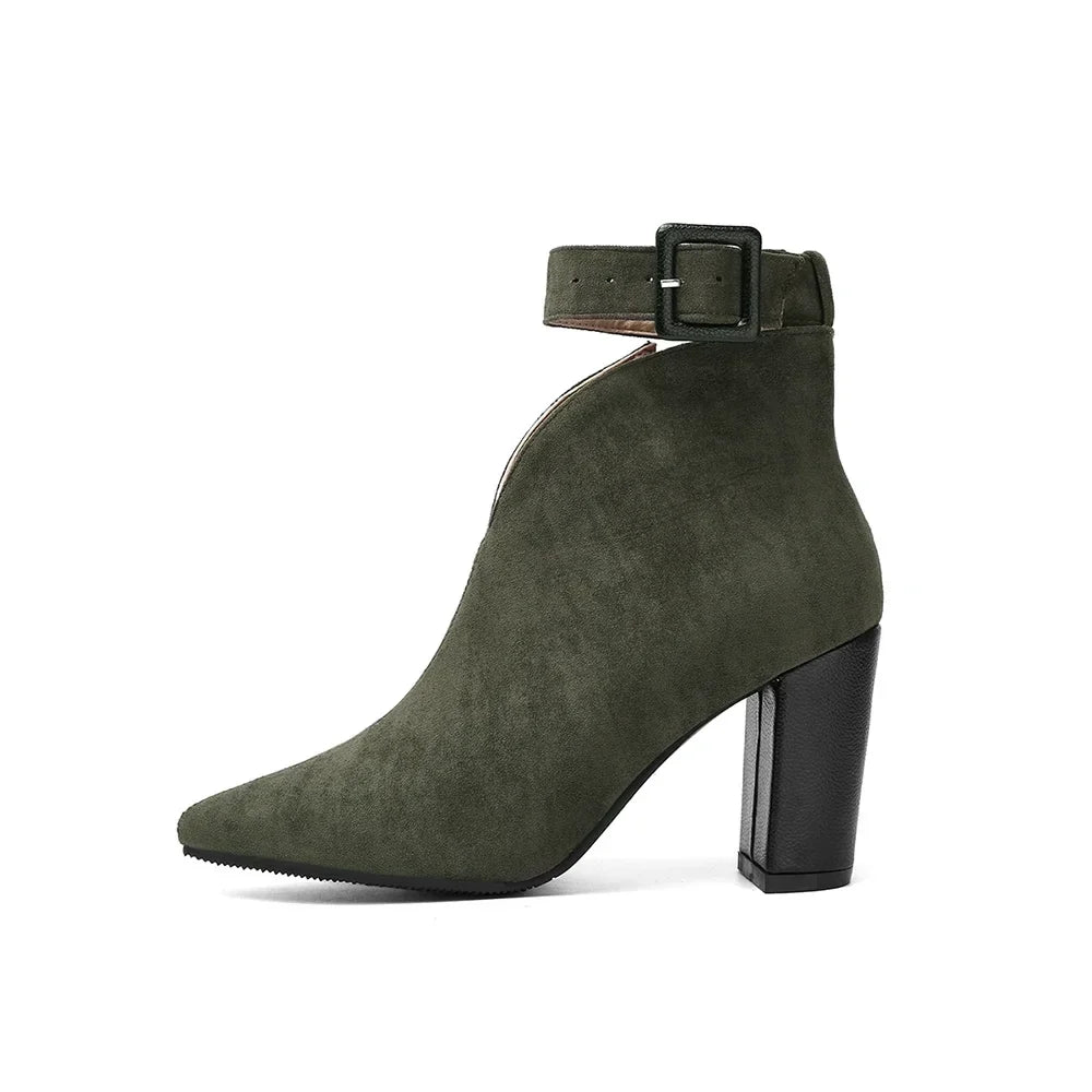 Ardena women's chic buckle ankle boots with a sleek pointed toe and everyday comfortable block heel.
