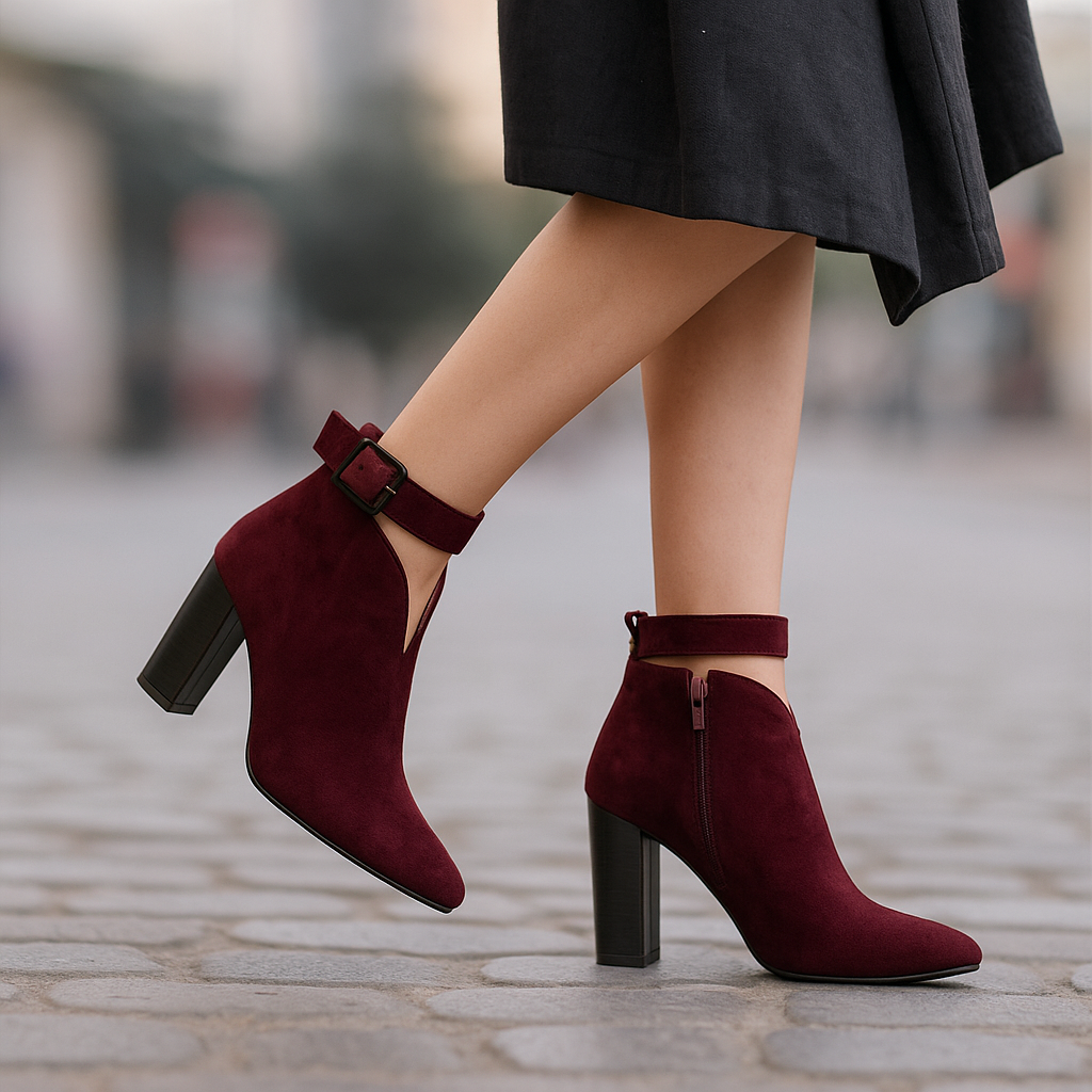 Ardena women's buckle ankle boots with a sophisticated pointed toe and stable block heel for versatile style.