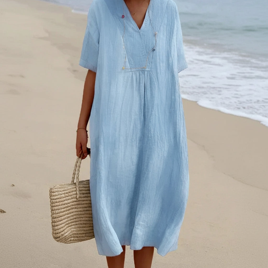 Women's Aria A-line V-neck midi summer dress. Effortless style, comfortable & versatile casual wear.