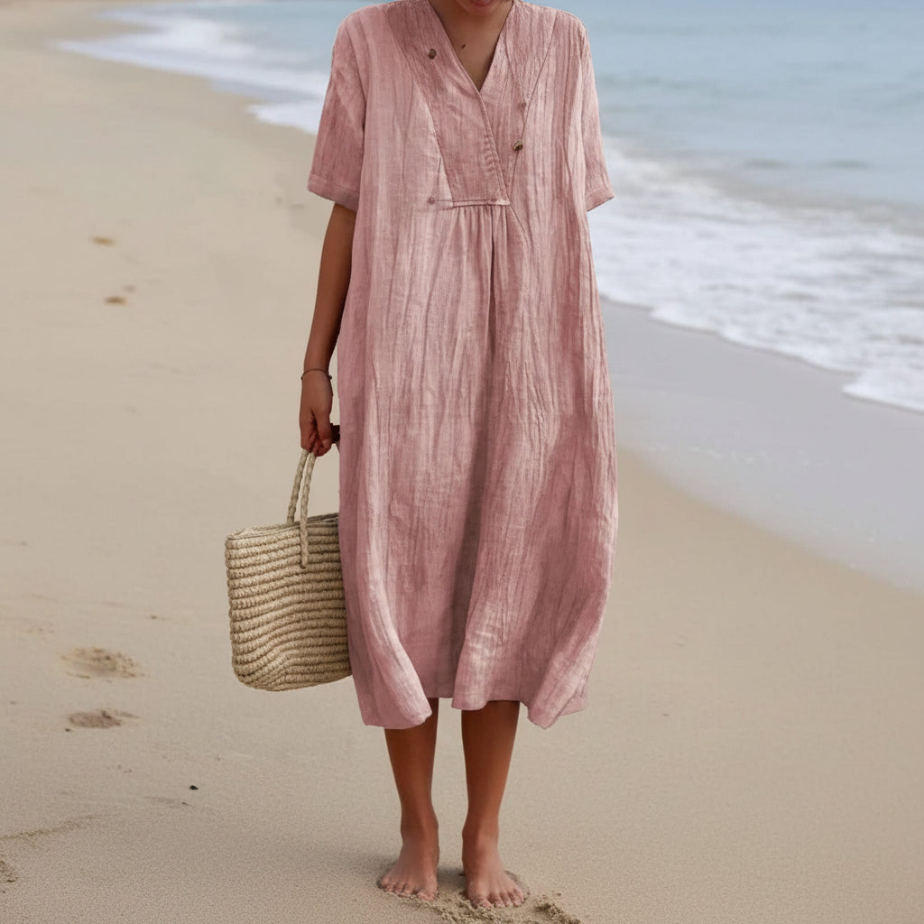 Versatile women's Aria summer midi dress. A comfortable, elegant V-neck A-line perfect for day or evening.