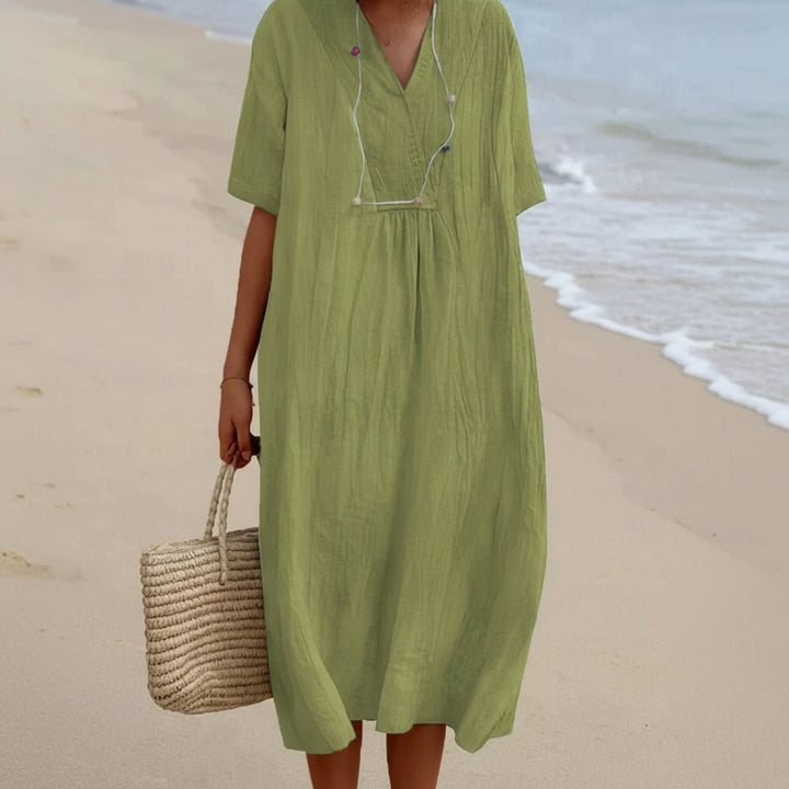 Casual women's summer dress, Aria A-line midi with V-neck. Lightweight and comfortable for all-day wear.