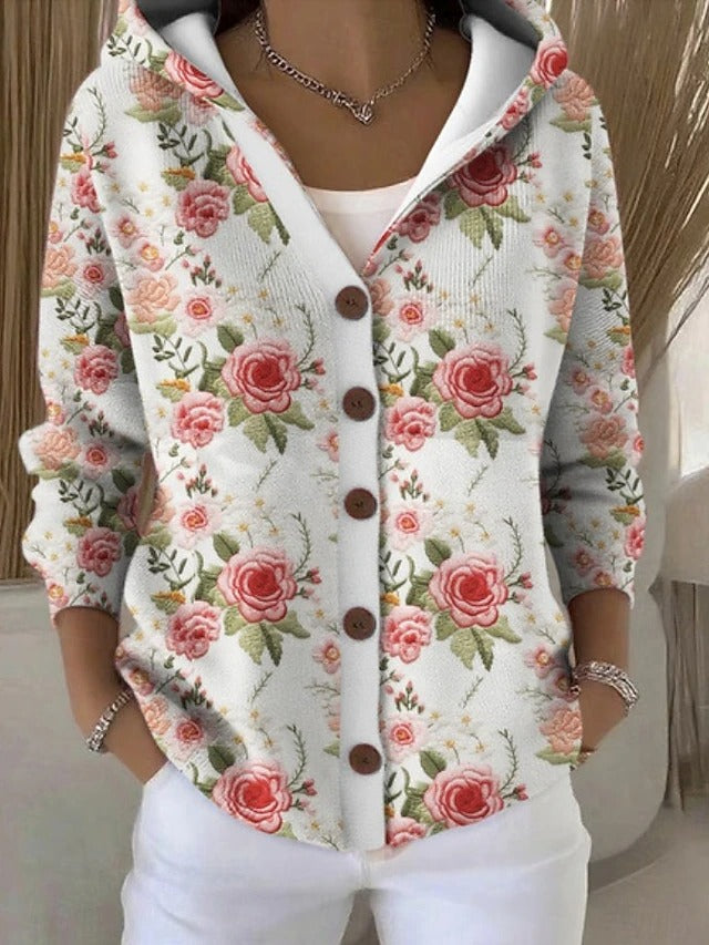 Woman wearing stylish artistic long cardigan. Cozy layering piece for casual fall & winter outfits.