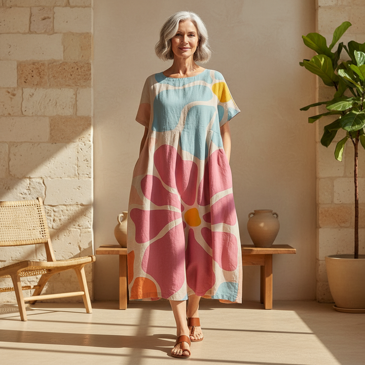 Women's artistic print midi dress. Relaxed flowy style, perfect for summer fashion & everyday casual wear.