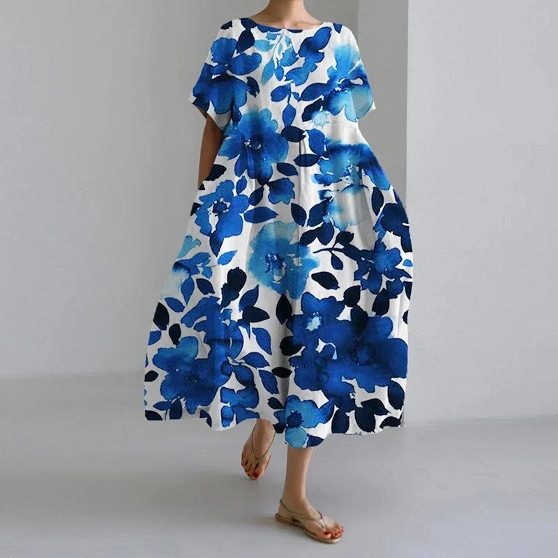 Boho chic artistic print midi dress. Comfortable, flowy, and relaxed, perfect for summer and casual outings.