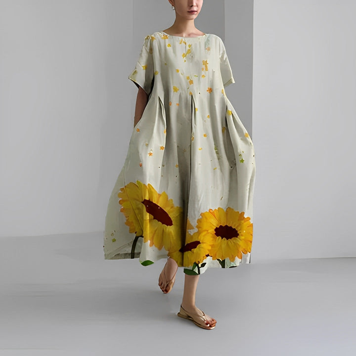 Flowy women's artistic print midi dress. Great for summer vacation, everyday style, and comfortable wear.