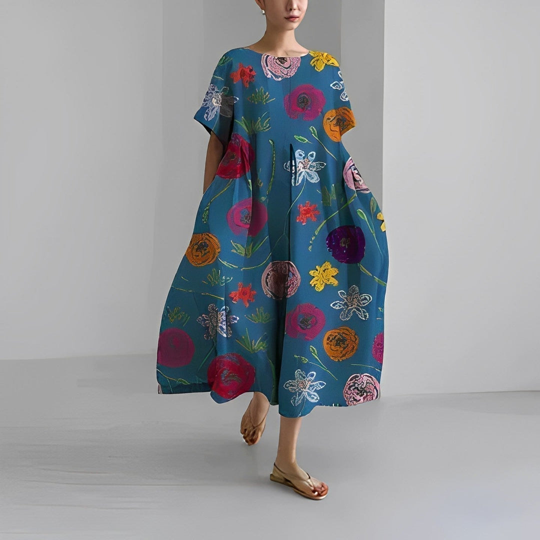 Boho chic artistic print midi dress for women. Comfortable, relaxed fit, short sleeve, perfect for summer.