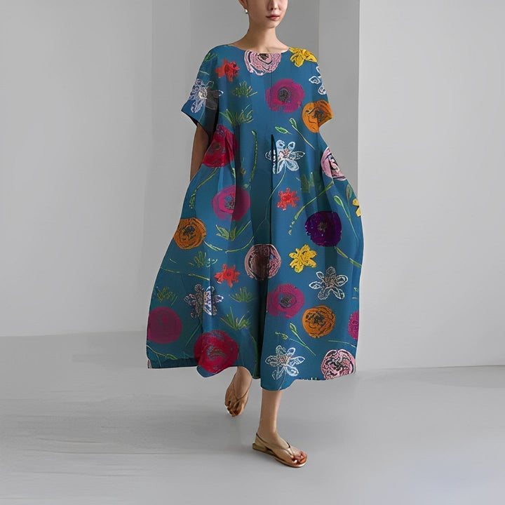 Boho chic artistic print midi dress for women. Comfortable, relaxed fit, short sleeve, perfect for summer.