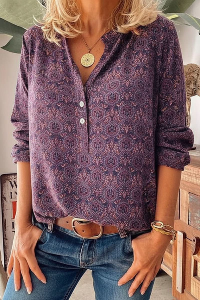 Versatile women's long sleeve blouse. Elegant artistic vintage print top for a stylish everyday look.