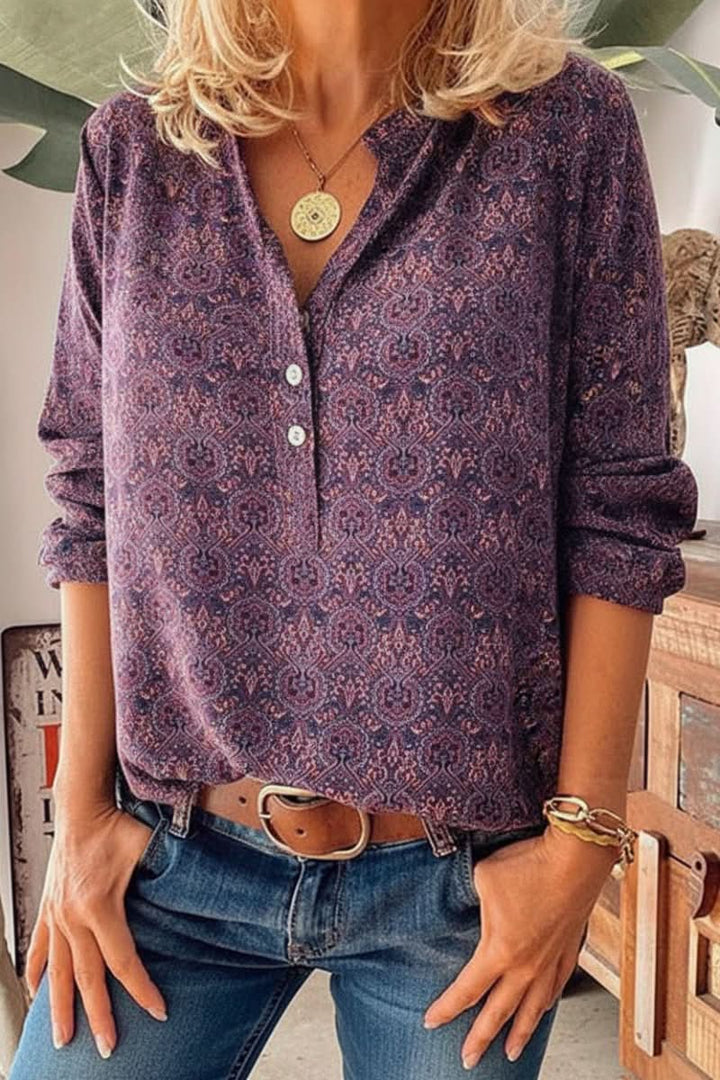 Versatile women's long sleeve blouse. Elegant artistic vintage print top for a stylish everyday look.