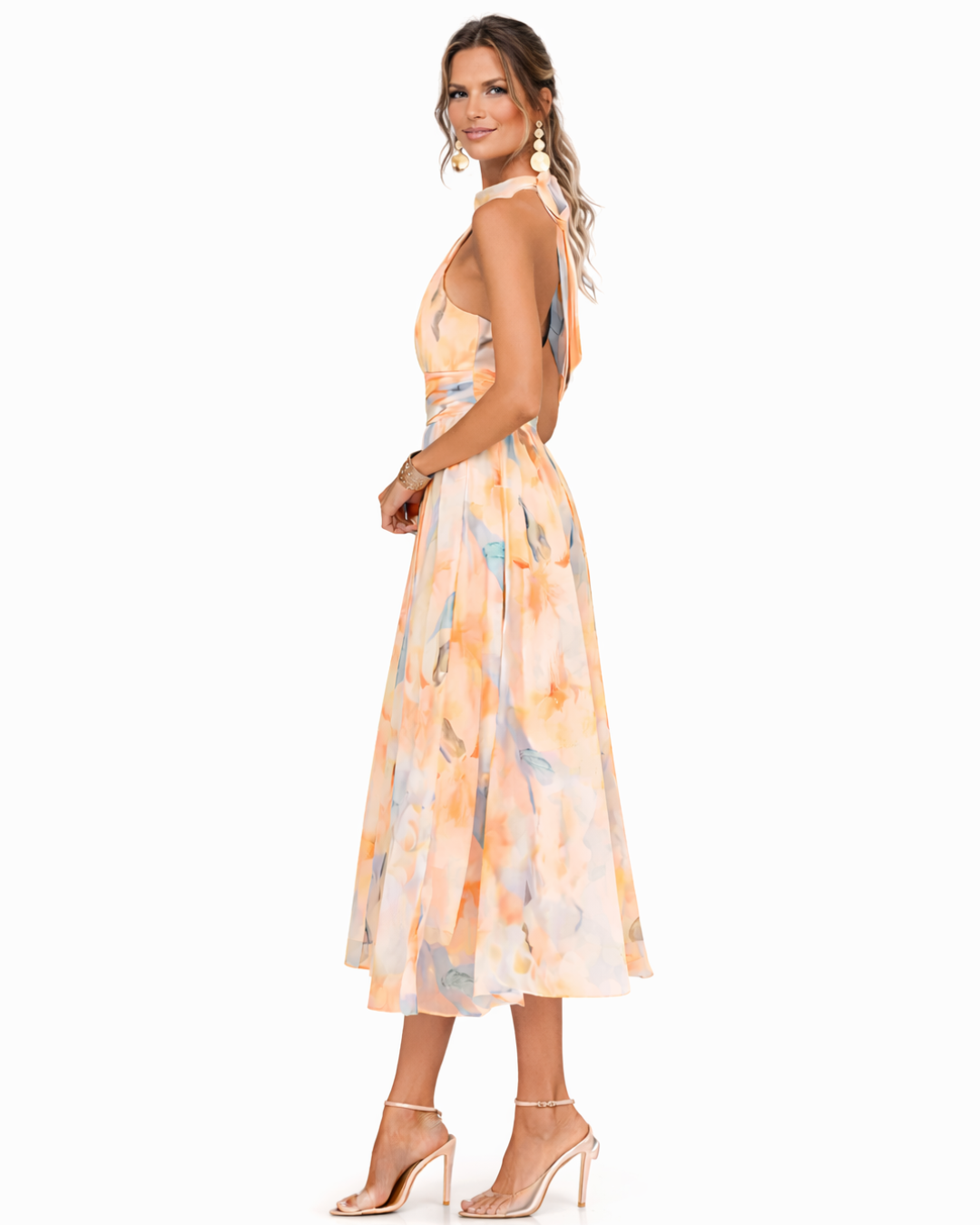 Stylish women's sleeveless watercolor print halter neck maxi dress, perfect for party, casual, or resort.