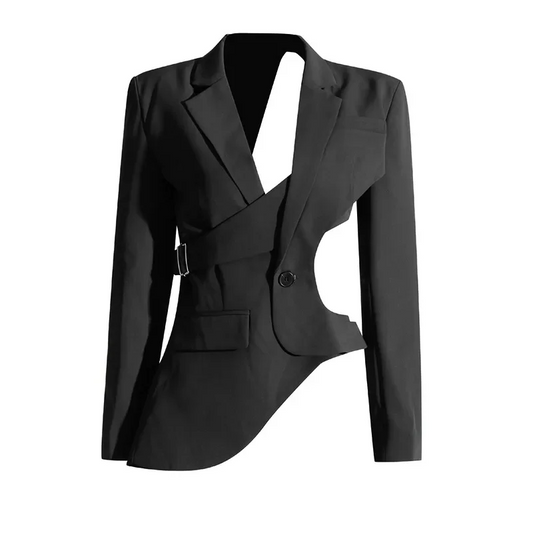 Women's asymmetric blazer with modern cutout & elegant bell sleeves. Perfect for formal or professional wear.