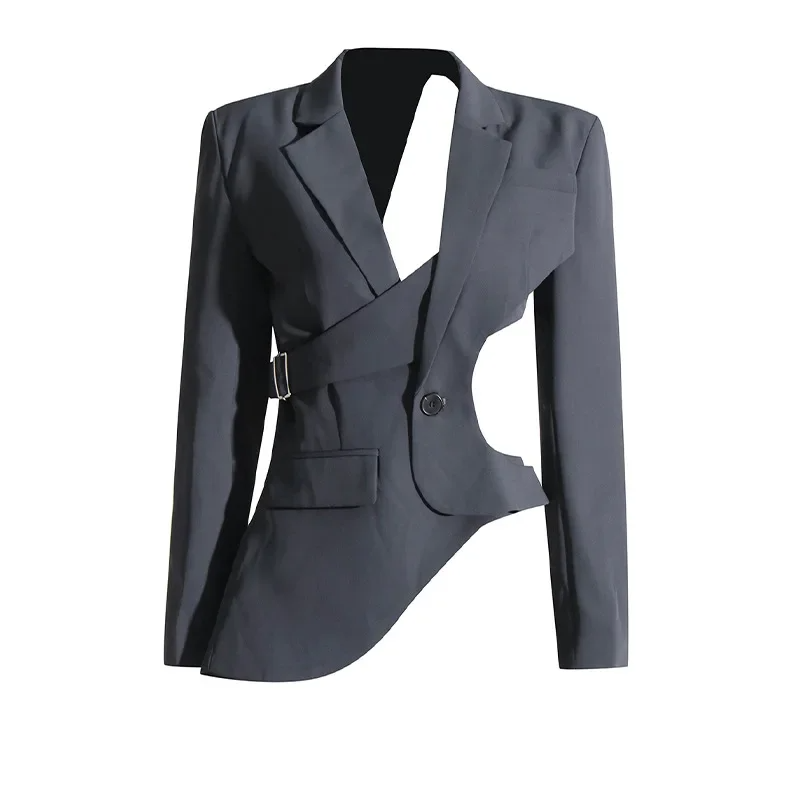 Sophisticated women's fashion blazer, modern asymmetric design & stylish bell sleeves. Elegant professional attire.