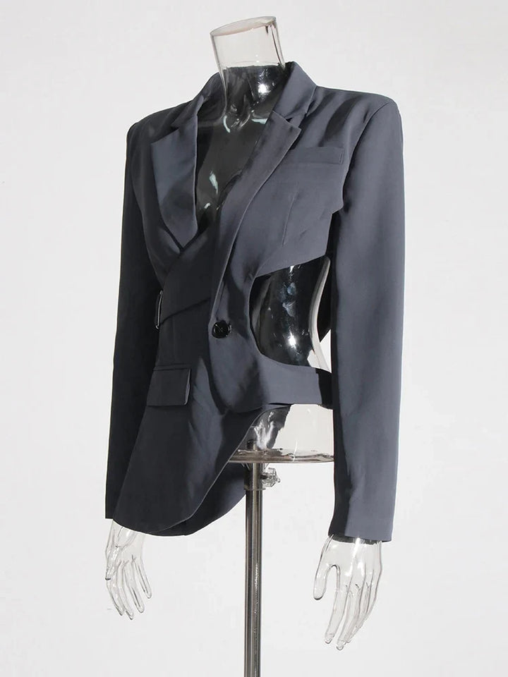 Unique women's blazer featuring an asymmetric cutout and chic bell sleeves. Modern, sophisticated outerwear.