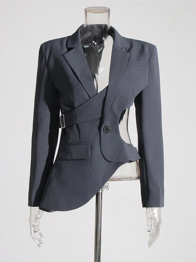 Women's sophisticated asymmetric cutout blazer with modern bell sleeves, ideal for elegant professional wear.