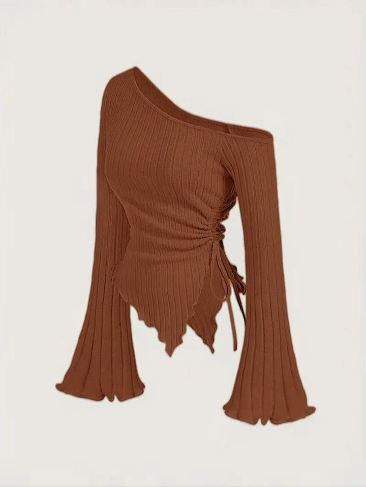Sculpting women's asymmetric ribbed one-shoulder top, trendy and fashion-forward design.