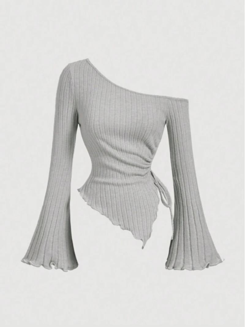 Statement women's ribbed one-shoulder top with an asymmetric neckline, flattering sculpted fit.