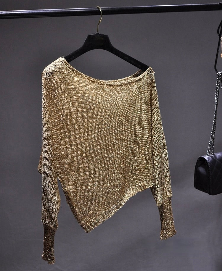 Women's asymmetric sequin blouse, perfect for evening wear & special occasions. Glamorous party top.