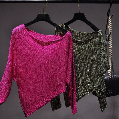 Chic women's asymmetric sequin top. Sparkly, elegant blouse for parties & glamorous evening fashion.