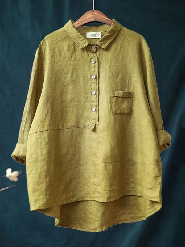 Women's asymmetrical hem button-up blouse. Stylish long sleeve top for casual & everyday wear.