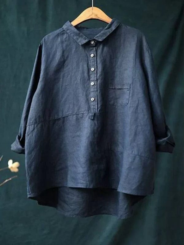 Long sleeve women's button-up shirt with trendy asymmetrical hem. Ideal relaxed fit casual top.