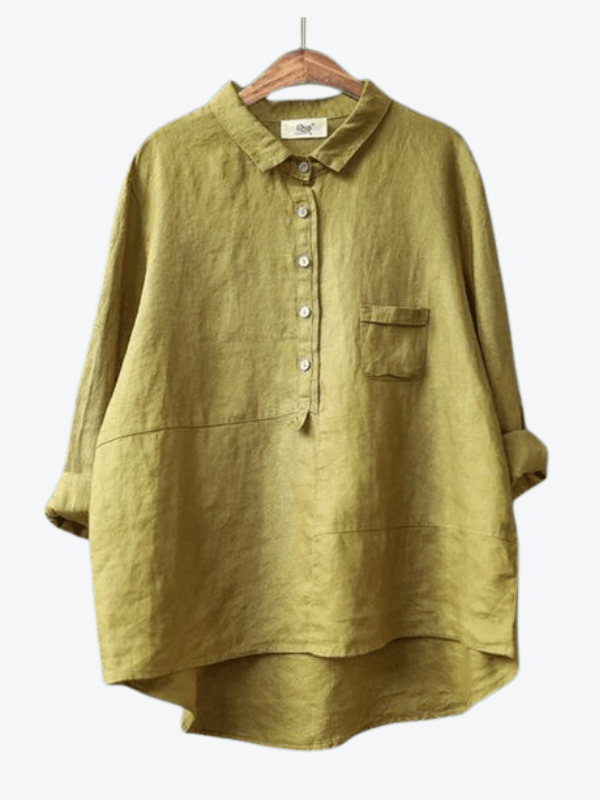 Lightweight summer blouse for women. This casual button-up shirt has a stylish asymmetrical hem.