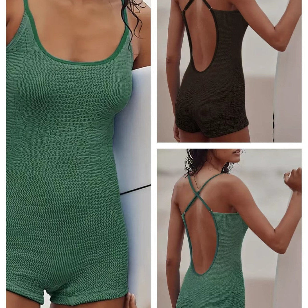 Women's athletic ribbed one-piece monokini swimsuit, perfect for beach sports & active aquatic wear.